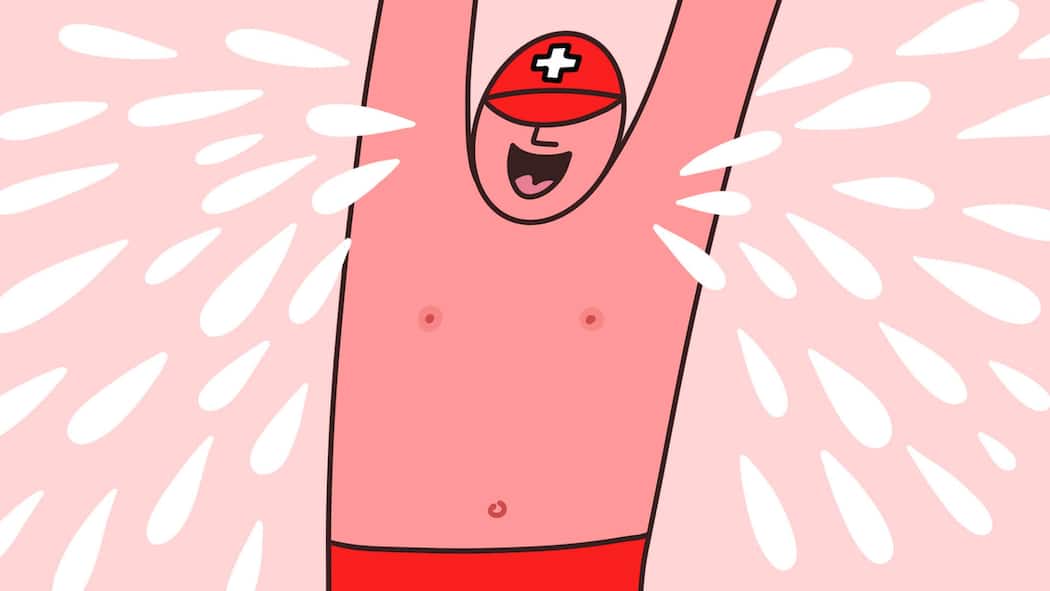 Willkommen in Schwitzerland! Illustration: Mann mit erhobenen Armen schwitzt literweise - Hitzewelle und Fussball-WM – das bringt unseren Autor gehörig ins Grübeln