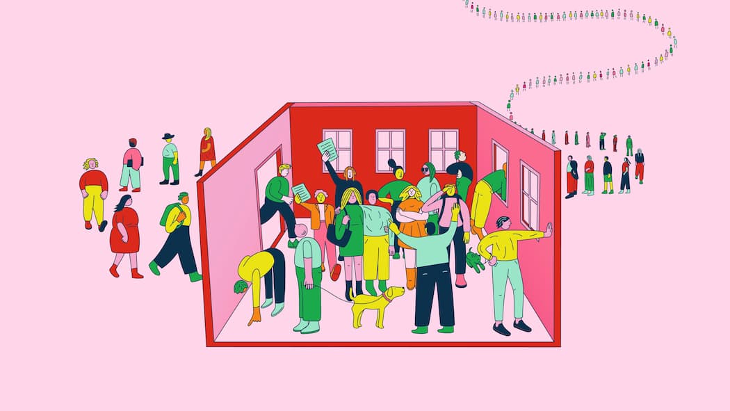 Uns gehen die Wohnungen aus Illustration von Wohnung mit langer Schlange für die Wohnungsbesichtigung. Die Wohnungsnot treibt viele in die Verzweiflung – und wird nun zum Wahlkampfthema. Was das mit Schweinen zu tun hat.
