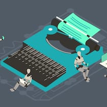 Wenn künstlich, dann intelligent Illustration einer Schreibmaschine und Robotern, welche auf einer Oberfläche stehen. Der Beobachter zeigt transparent auf, wie die Redaktion digitale Werkzeuge benutzt, die auf künstlicher Intelligenz beruhen