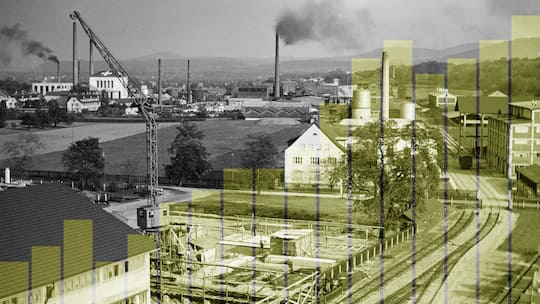 Archiv-Bild des Geigy-Werks in Basel - Die Erfolgsgeschichte der heimischen Pharmaindustrie begann mit der Produktion von Farbstoffen. Der spätere Wechsel zu Arzneimitteln war eigentlich eine Notlösung