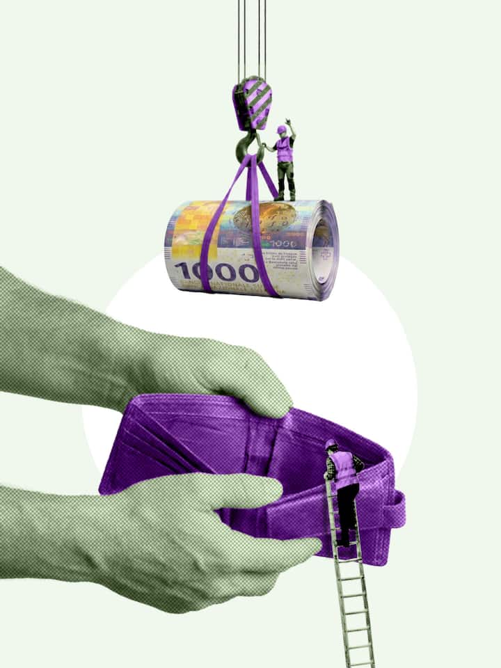 Collage mit Portemonnaie, Geld und Kran - Das baldige Aus des Eigenmietwerts veranlasst viele Wohneigentümer, ihre Liegenschaft noch rasch zu renovieren. Ist das sinnvoll