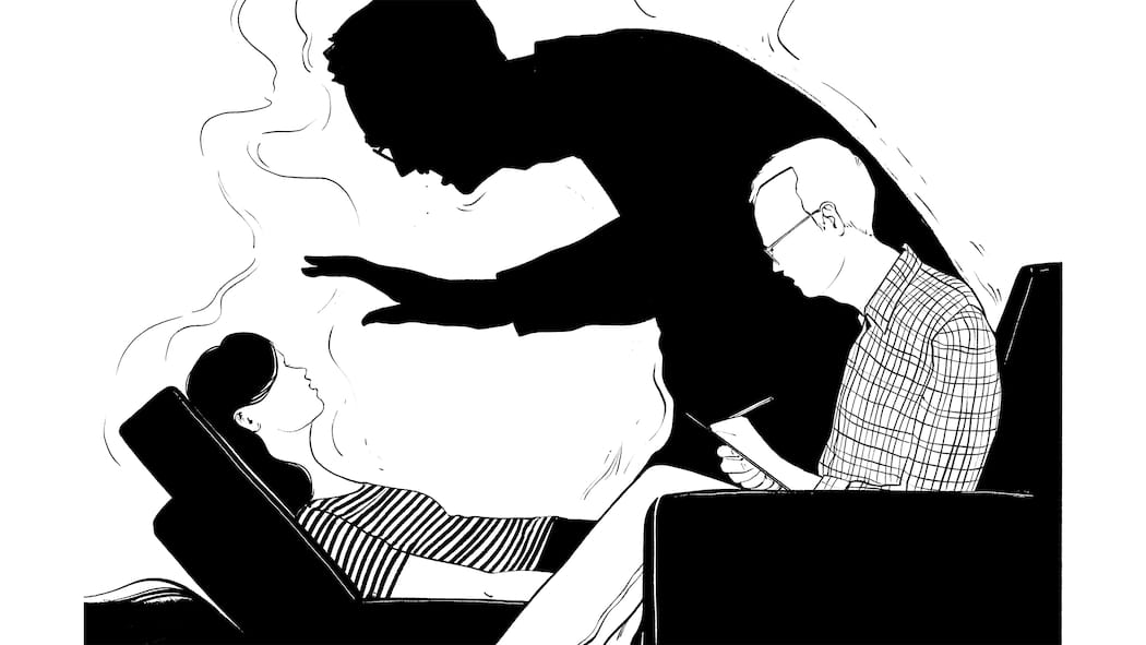 Traumatisiert auf Teufel komm raus Illustration einer Gesprächsszene zwischen einem Psychiater und einer Patientin