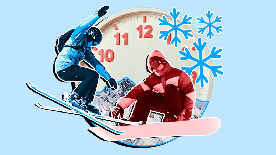 Wo ein Tag Skifahren 120 Franken kostet Wo ist Skifahren am Teuersten? In St. Moritz. Illustration von Skifahrern und Snowboardern vor einer Uhr