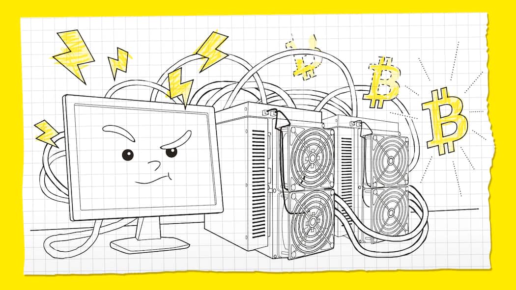 Warum schadet Bitcoin dem Klima? Illustration: Server schürft Bitcoin – Bitcoin verbraucht sehr viel Energie, so viel wie 2,5-mal die Schweiz