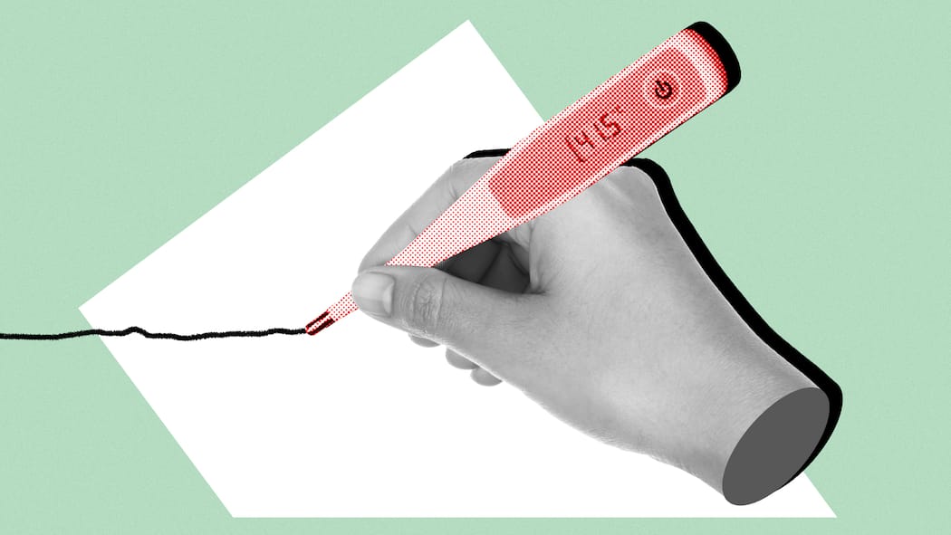 Krankgeschrieben im Job – das erwartet Sie jetzt Eine Hand schreibt mit einem Fieberthermometer einen Brief - Wer krankgeschrieben ist, sollte wissen, welche Rechte ihm oder ihr zustehen. Die häufigsten Fragen und Antworten zur Arbeitsunfähigkeit in der Schweiz