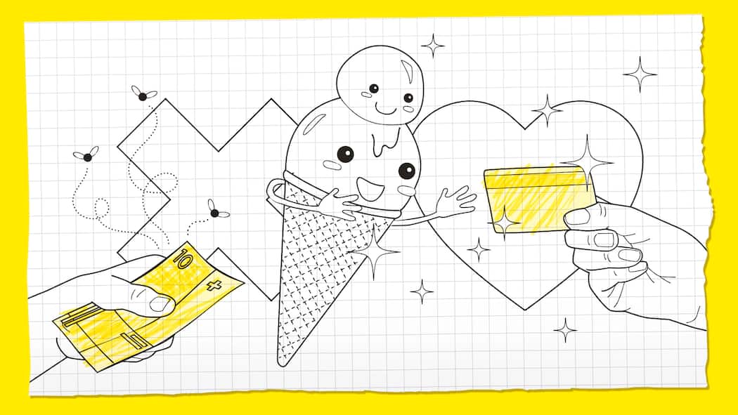 Was ist besser fürs Klima, Bargeld oder Karte? Illustration: Mit Karte für Glace zahlen – Mit Bargeld zahlen verursacht viel CO₂. Mit Karte zahlen verursacht milliardenhohe Gebühren. Wir erklären das Dilemma auf drei Arten.