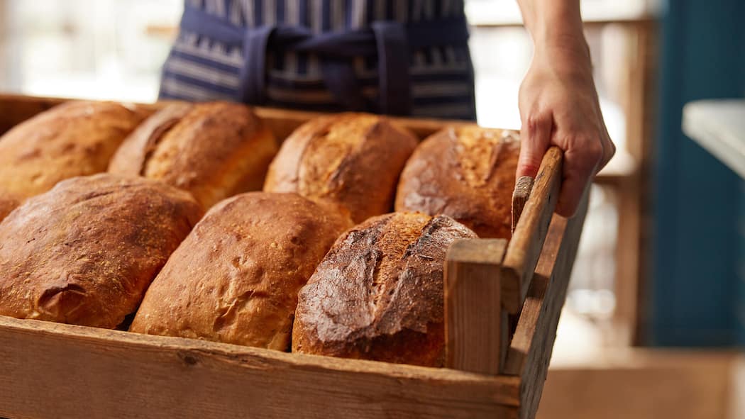Warum ein Laib Brot in Zürich bis zu 16 Franken kostet Sales Assistant In Bakery With Tray Of Freshly Baked Organic Sourdough Bread Loaves