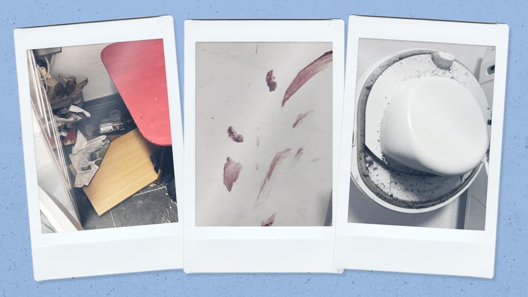 Wenn das eigene Zuhause zur Belastung wird – Mieterin verzweifelt Beobachter Collage zum Thema Drogenhölle - die privaten Bilder zeigen die verschmutzte Waschküche (Abfall neben Waschmaschine, Blut an der Wand, Schmutz) Quelle: Privat, Freepik – Montage: Beobachter Collage erstellt am Mittwoch, 11. März 2026. …