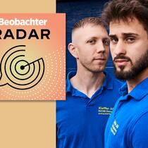 Zwei Handwerker werden zu Rettern Collage für den Beobachter-Podcast Radar zum Thema Postauto-Rettern, Prix Courage