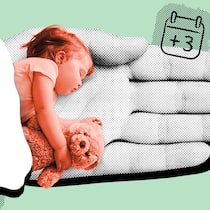 Meine Tochter hat Fieber – muss ich zur Arbeit? Ein kleines Kind schläft mit einem Stofftier auf einer grossen ausgebreiteten Handfläche neben einem Fieberthermometer und einem Kalendereintrag, auf dem «+3» geschrieben steht - Diese Rechte haben berufstätige Eltern in der Schweiz, wenn sie aufgrund von Familienpflichten nicht arbeiten können.