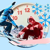 Wo ein Tag Skifahren 120 Franken kostet Wo ist Skifahren am Teuersten? In St. Moritz. Illustration von Skifahrern und Snowboardern vor einer Uhr