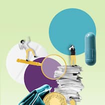 Wie wir jedes Jahr 1000 Franken sparen könnten – ohne Leistungseinbusse Illu mit Menschen, Papierstapeln und Münz - Die Kosten der Grundversicherung liessen sich um einen Fünftel senken – ohne Leistungseinbusse. Das stellt das Bundesamt für Gesundheit fest. Doch niemand will ernsthaft sparen