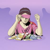 Selbst Reiche finden, dass Gerechtigkeit käuflich ist Justizia hebt die Augenbinde und blickt auf Banknoten - Vor dem Gesetz sind alle gleich? Das glaubt heute fast niemand mehr: Eine überwältigende Mehrheit sieht den Zugang zum Recht nur noch für Wohlhabende gesichert sieht. Ein alarmierendes Signal für unseren Rechtsstaat