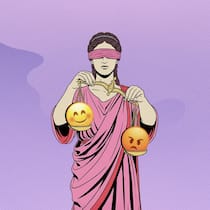 Die Schweiz ist ungerecht – vor allem wenns um Geld geht Illustration mit Justizia und Smileys in der Waage - 2024 sah eine knappe Mehrheit das Land als gerecht an – nun ist die Stimmung gekippt. Das zeigt das zweite Gerechtigkeitsbarometer des Beobachters