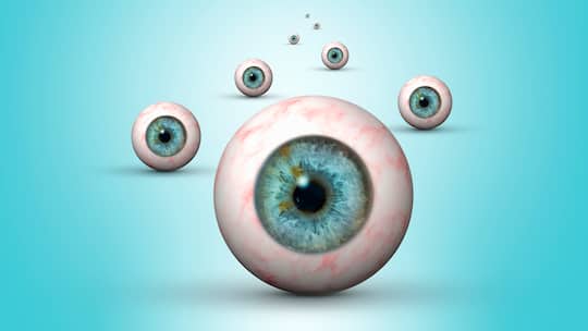 Für spezielle Linsen gegen grauen Star verlangen Augenärzte ungerechtfertigt hohe Aufschläge. Illustration Augapfel eines menschlichen Auges.