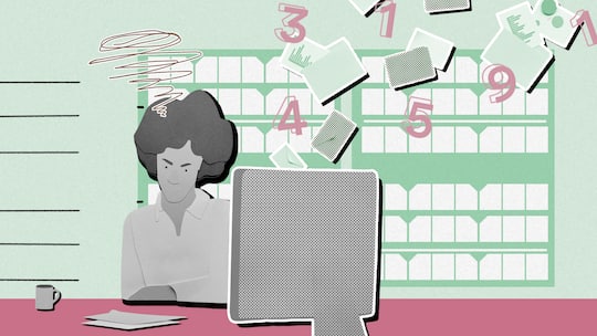 Illustration: Frau mit rauchendem Kopf vor PC - Viele Gesundheitskosten lassen sich steuerlich absetzen, zum Beispiel Krankenkassenprämien, Dentalhygiene oder Hörgeräte. Das gilt auch, wenn man nicht krank ist
