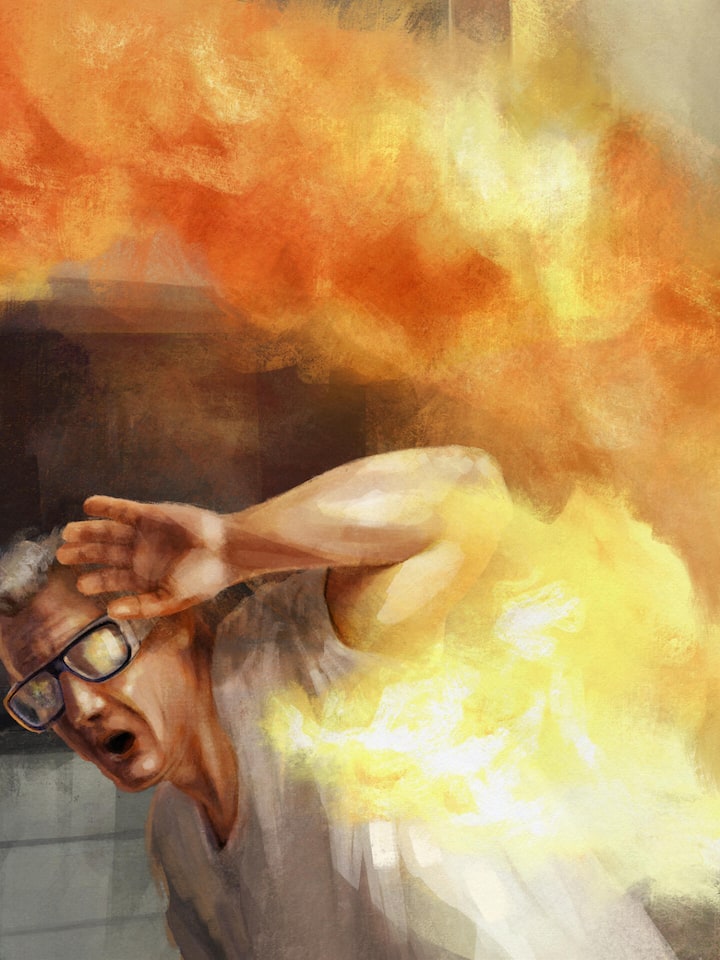 «Ich habe mich selber mit dem Schlauch gelöscht» Ein Arbeiter des Rheinmetall-Konzerns wird bei einer Explosion lebensgefährlich verletzt und klagt gegen seinen Arbeitgeber. Der wehrt sich mit Händen und Füssen. Illustration zu Beobachter "Der Fall" von Lucy Kägi.