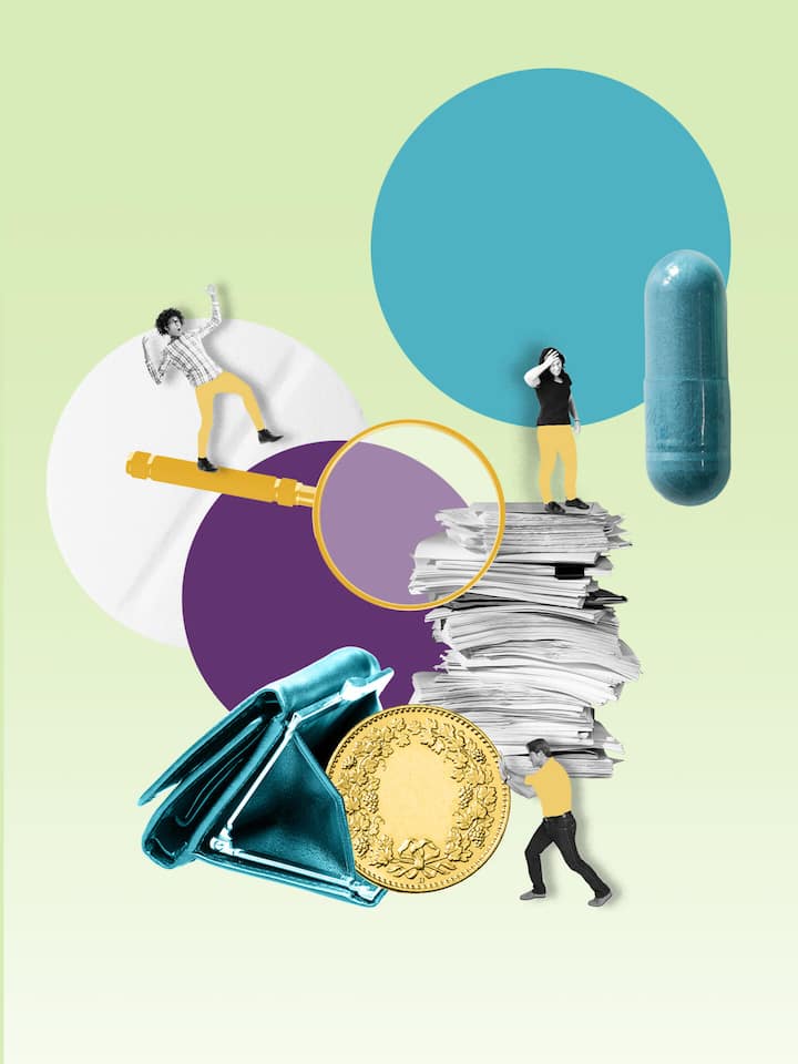 Wie wir jedes Jahr 1000 Franken sparen könnten – ohne Leistungseinbusse Illu mit Menschen, Papierstapeln und Münz - Die Kosten der Grundversicherung liessen sich um einen Fünftel senken – ohne Leistungseinbusse. Das stellt das Bundesamt für Gesundheit fest. Doch niemand will ernsthaft sparen