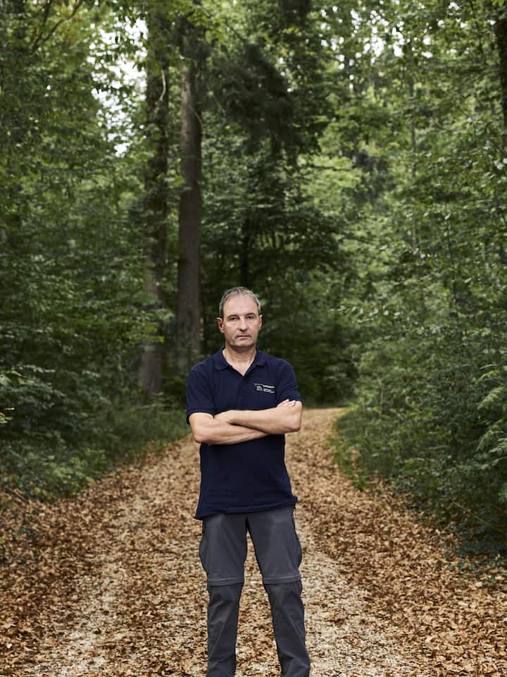«Wenn Bäume schreien könnten...» Kantonsförster Rolf Manser steht auf einem Waldweg umgeben von braunem Laub.