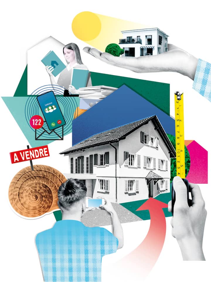 Ein Mann macht ein Handybild von einem Haus, daneben eine Schnecke mit Verkaufsschild, ein klingelndes Handy, eine Hand mit Haus und eine Frau mit Buch. Wann ein Hausverkauf ohne Makler glücken kann.