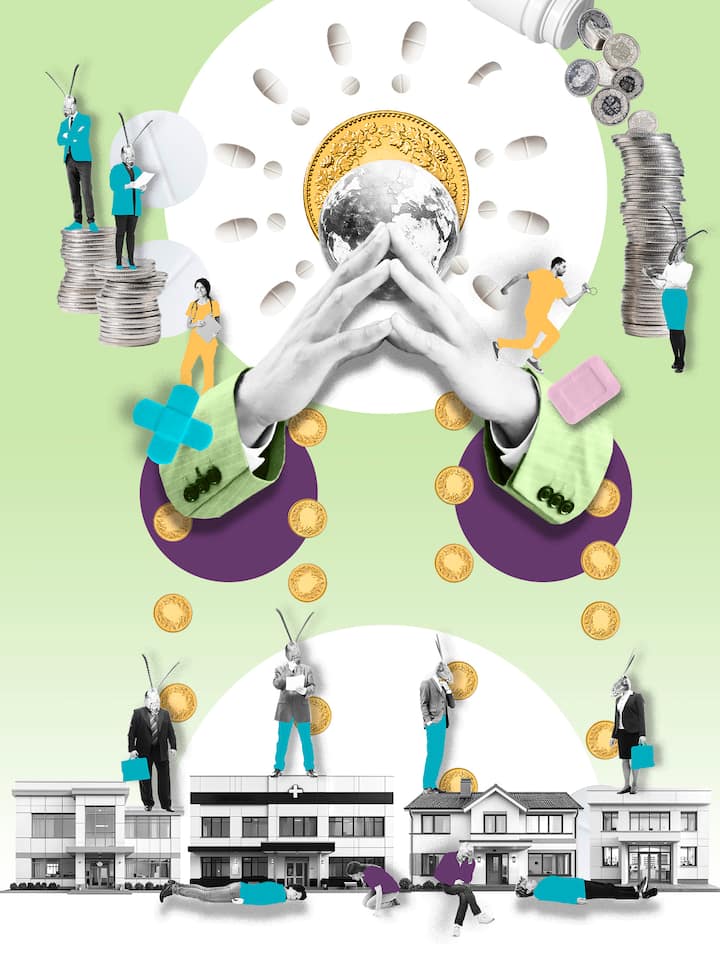 Investoren aus dem Ausland schröpfen Schweizer Patienten Illustration mit Geld und Investoren - Wenn Finanzinvestoren Arztpraxen übernehmen, geht es um Profit statt um Patienten – und das auf Kosten aller Prämienzahler