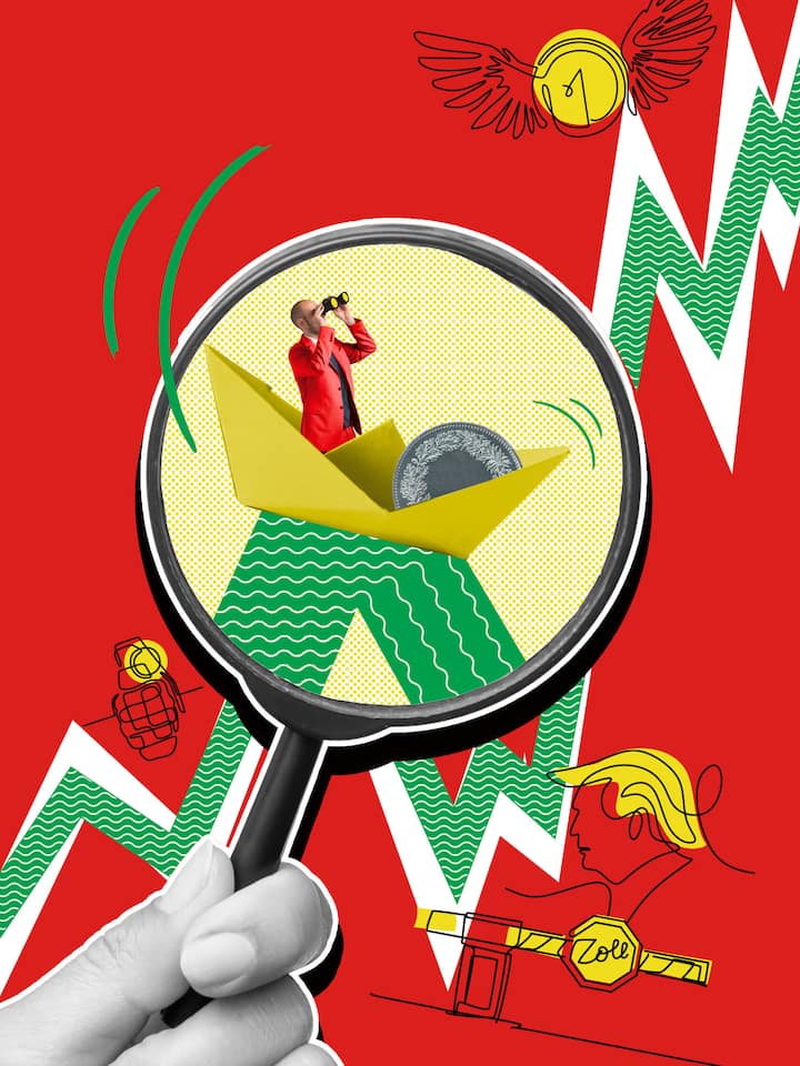 Mann auf Papierschiffchen vor Aktienkurs Die Kapriolen von Trump und Konsorten verunsichern viele Anleger. Doch wer klug investiert, macht auch in Krisenzeiten Gewinne. Der Beobachter zeigt, wie