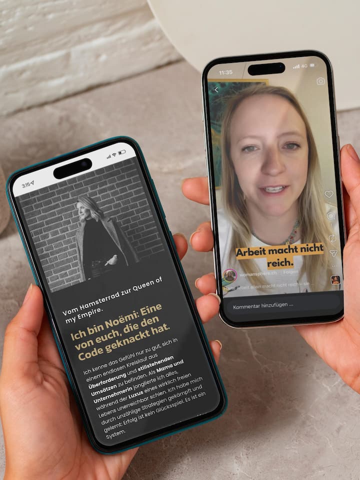 Teure Versprechen von Reichtum enden im Ruin Beobachter 16/2026 Collage Womansphere - Im Namen der Emanzipation abgezockthttps://womansphere.ch/https://www.instagram.com/womansphere.ch/Quellenangabe: Magnific, womansphere.ch, Instagram.com/womansphere.ch – Montage: Beobachter