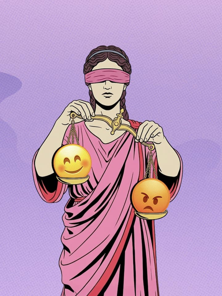 Die Schweiz ist ungerecht – vor allem wenns um Geld geht Illustration mit Justizia und Smileys in der Waage - 2024 sah eine knappe Mehrheit das Land als gerecht an – nun ist die Stimmung gekippt. Das zeigt das zweite Gerechtigkeitsbarometer des Beobachters