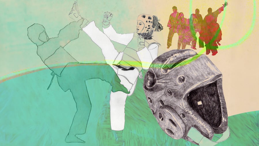 Illustration: Amira Karimi ist in ihrer Gewichtsklasse Schweizer Meister im Taekwondo;  SOS Beobachter Kinder – die vergessenen Armen In der reichen Schweiz leben um die 100’000 Kinder und Jugendliche in Armut. Sie werden dadurch ausgegrenzt. Die Stiftung SOS Beobachter kann Brücken bauen.